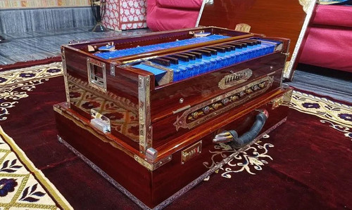 Special Edition Brown Walnut Blue Keys 3 Line Portable Harmonium - National Music India Special Edition Brown Walnut Blue Keys 3 Line Portable Harmonium - National Music India