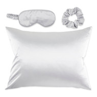 Includes one silk-like satin pillowcase, matching eye mask and three scrunchies.