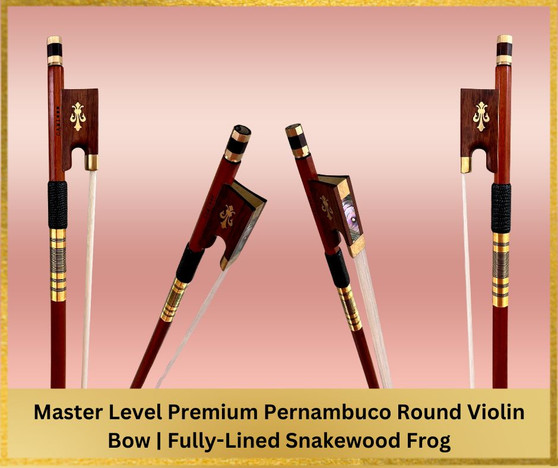 4/4 Master Level Premium Pernambuco Round Violin Bow - Fully-Lined Snakewood Frog