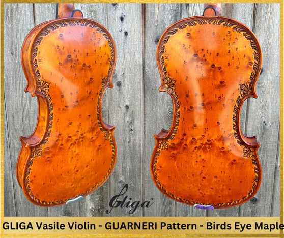 A one-of-a-kind violin: EXTREMELY RARE BIRD'S EYE WOOD - 4/4 MAESTRO VASILE GLIGA Signature Scroll - One Piece Back Violin - Guarneri Design - Code D1454V