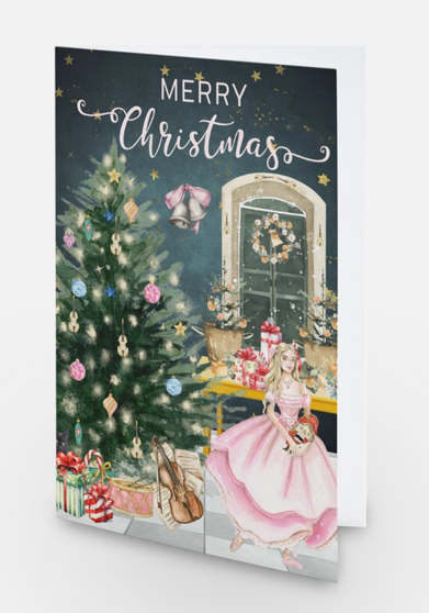 Nutcracker Inspired Christmas Card - Violin Christmas Card - Clara in a Pink Dress Holding the Nutcracker - Holiday Card - 5"x7"