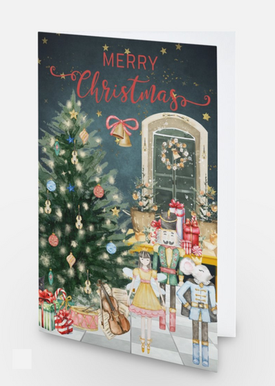 Violin Christmas Card - Nutcracker Inspired Christmas Card with Violin Ornaments - Mouse King, Clara, the Nutcracker - Evening Theme - Holiday Card - 5"x7"