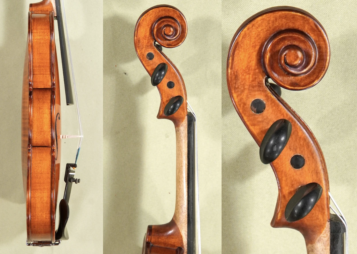 Scroll, pegbox, neck and ribs of the 3/4 Gems 1 Elite Extra violin D1678V, carved from Carpathian flamed maple.