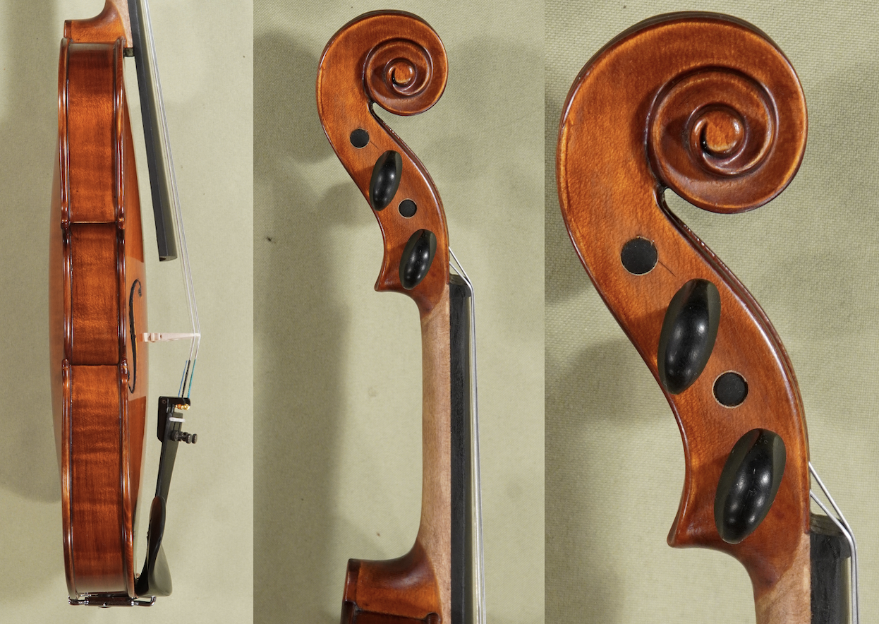 Scroll, pegbox, neck and ribs of the 3/4 Gems 1 Elite Extra violin D1679V, carved from Carpathian flamed maple.