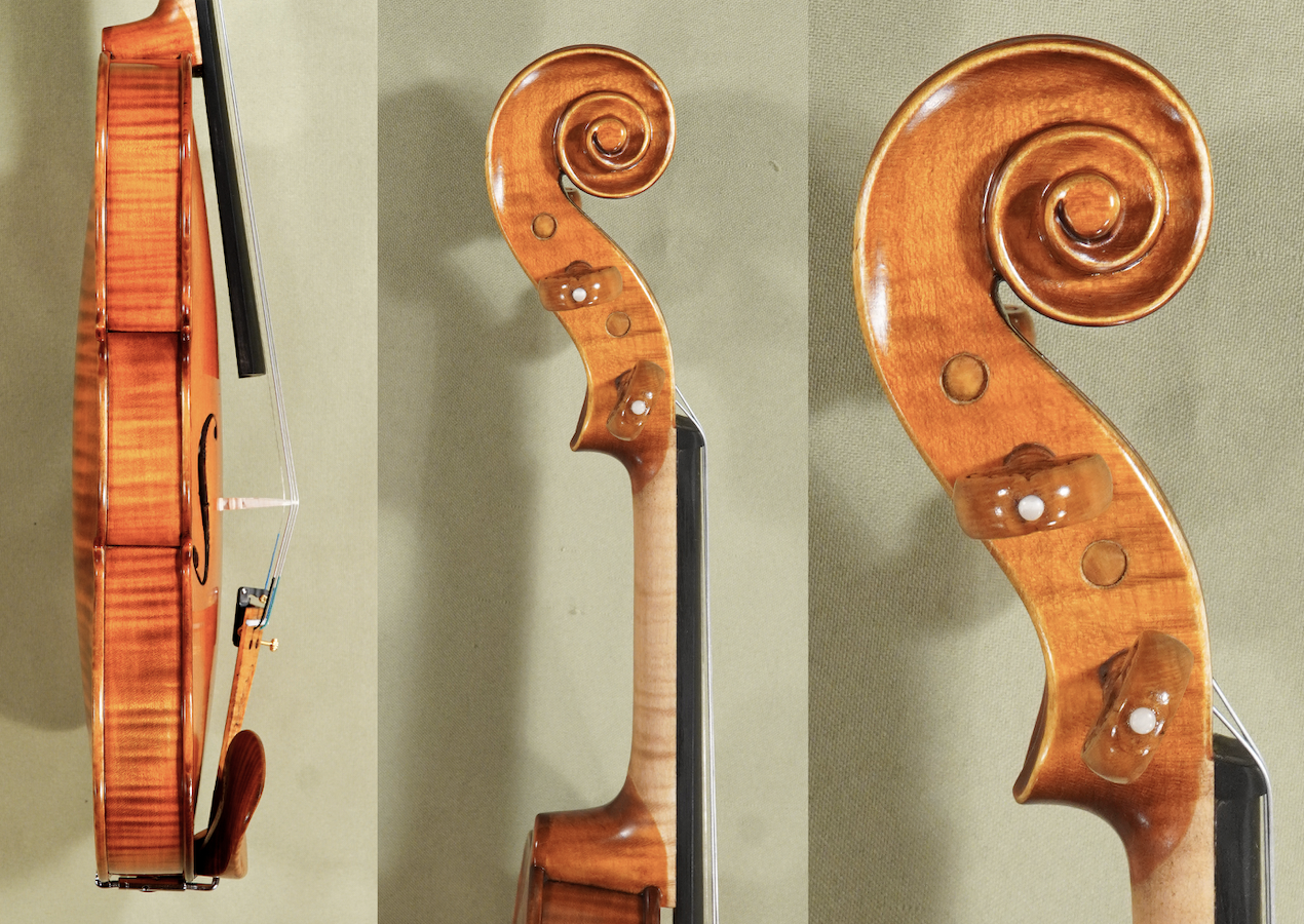 Views of the sides and the neck and scroll of the 4/4 Gliga Gama Elite X Violin D1706V showing a well selected flamed maple wood and beautifully carved flamed maple tuning pegs.