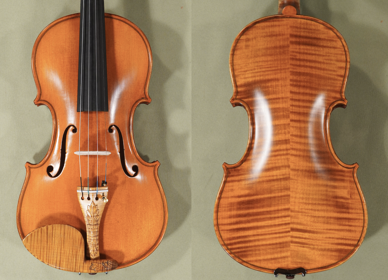 Front and back view of 4/4 Gliga Gama Elite X Violin D1706V showing spruce wood on the top, flamed maple wood on the back, oil finish, and beautifully carved maple accessories (tailpiece and chinrest).