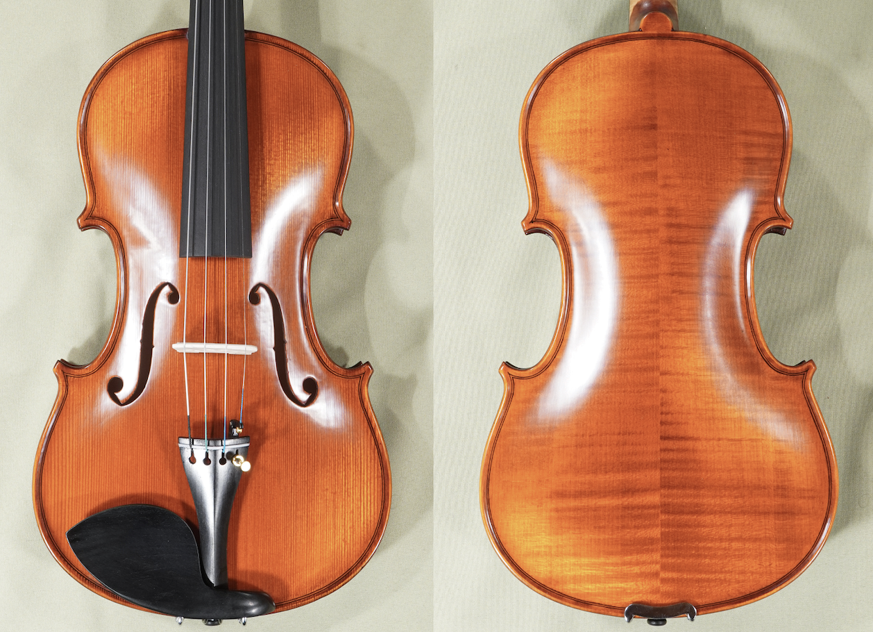 Front and back view of the Gliga Gama Elite Violin in the Guarneri pattern, revealing the elegant flow of the Guarneri-style f-holes and the broader hips that define this classic model.