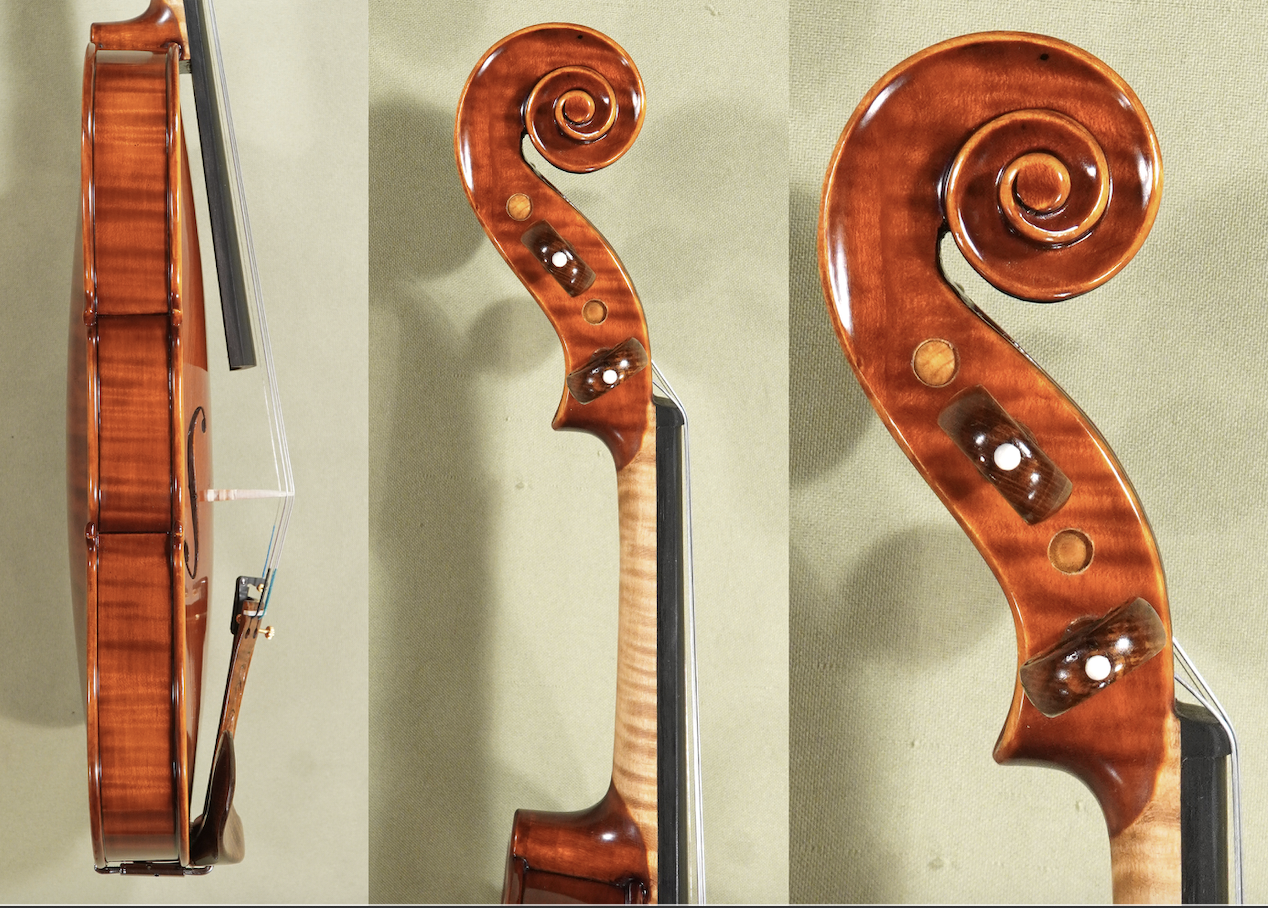 Detailed close-up of the neck, hand-carved scroll and pegbox on the Gliga Advanced Master Sound Violin D1709.