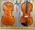 EXTREMELY RARE BIRD'S EYE WOOD - 4/4 MAESTRO VASILE GLIGA Signature Sunflower Scroll One Piece Back Violin - Code D1488V