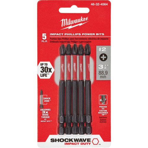 SHOCKWAVE 3-1/2 POWER BIT #2 PHL 5-PK  48-32-4564  MILWAUKEE