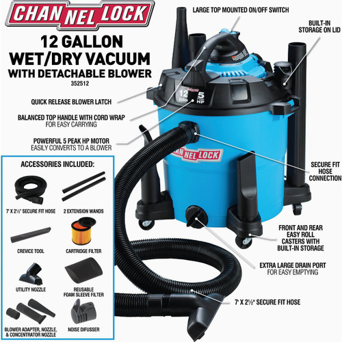 CHANNELLOCK 12GAL 5HP WET/DRY VACUUM WITH BLOWER
