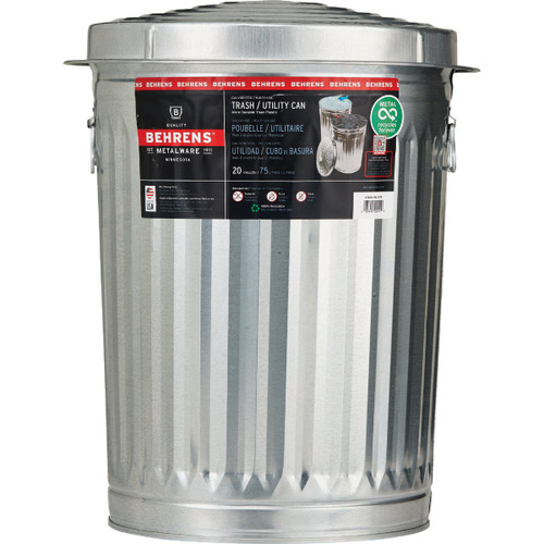 BEHRENS 20 GAL SILVER GALV METAL TRASH CAN WITH LID