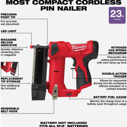 M12 23GA PIN NAILER BARE TOOL  2540-20  MILWAUKEE