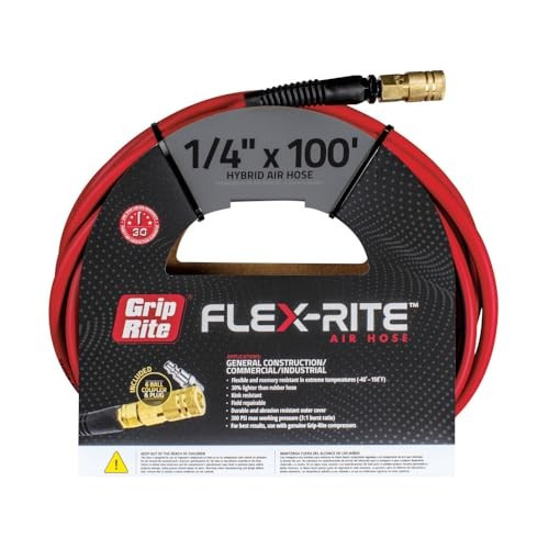 GRIP-RITE 1/4"X100' RED HYBRID AIR HOSE WITH COUPLER