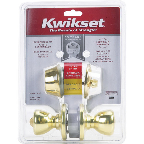 POLISHED BRASS DEADBOLT & DOOR KNOB COMBO KWIKSET