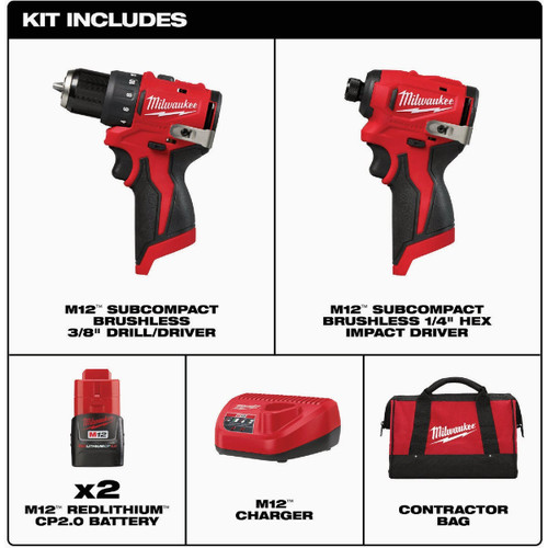 M12 SUBCOMPACT BRUSHLESS 2PC COMBO 2 BATYTERY KIT 3494-22 MILWAUKEE