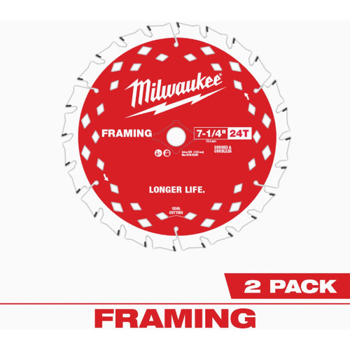 MILWAUKEE 7-1/4" 24T FRAMING CURCULAR SAW BLADE (2PK)  48-40-0722