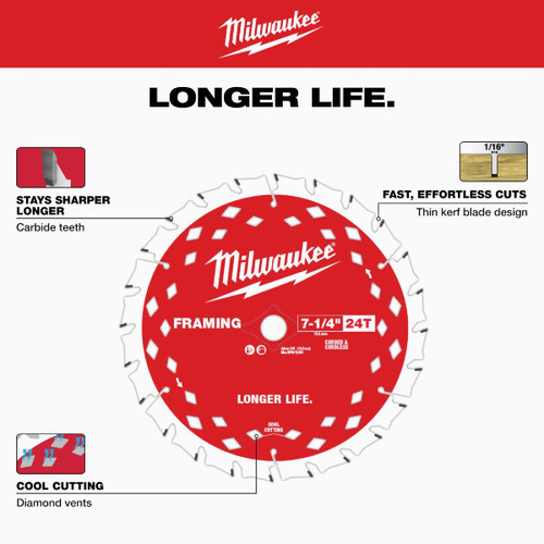 MILWAUKEE 7-1/4" 24T FRAMING CURCULAR SAW BLADE (2PK)  48-40-0722