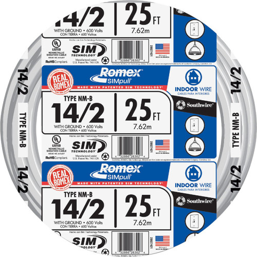 25' 14/2 SOLID WHITE  NMW/G ELECTRICAL INDOOR WIRE