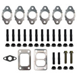 Diesel Power Source T4 Cummins exhaust manifold hardware and gasket upgrade kit with MLS gaskets, T4 divided turbo gasket, studs, and nuts
