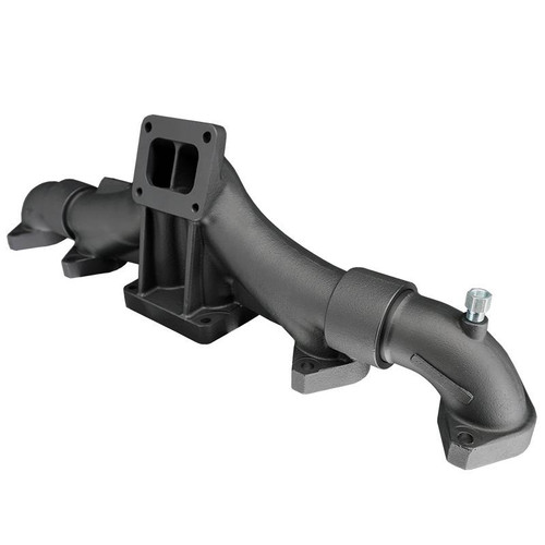 DPS Non-EGR exhaust manifold for Cummins ISX15 X15 stock turbo front angle view ceramic coated