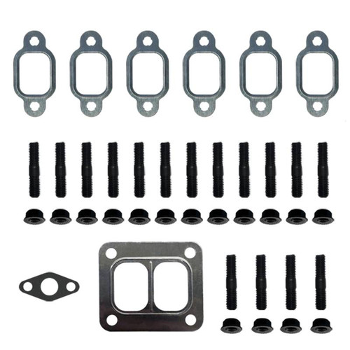Diesel Power Source 12V Cummins T4 exhaust manifold hardware and gasket upgrade kit with MLS gaskets, T4 divided turbo gasket, studs, and nuts