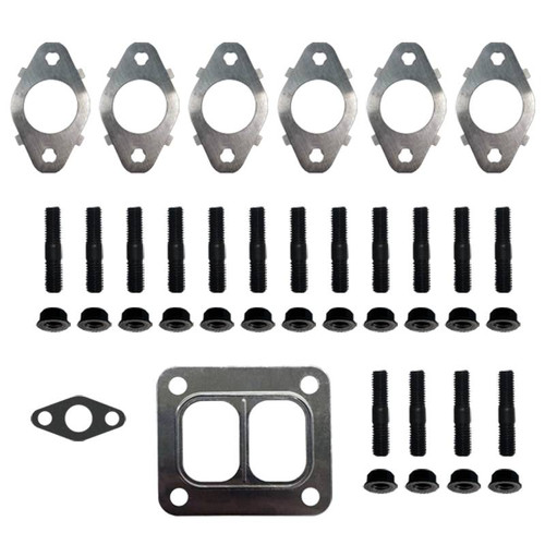 Diesel Power Source T4 Cummins exhaust manifold hardware and gasket upgrade kit with MLS gaskets, T4 divided turbo gasket, studs, and nuts