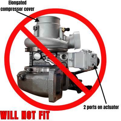 Cummins HE400VG turbo incorrect fitment elongated compressor cover and dual coolant ports on actuator