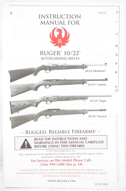 Factory Issued Ruger Instruction Manual - 10/22 - B - 5/17 - R30