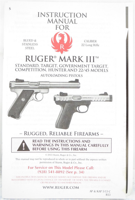 Factory Issued Ruger Instruction Manual - MKIII - AP & KAP 5/13 C R13