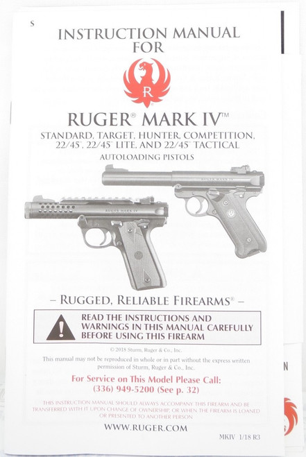 Factory Issued Ruger Instruction Manual - Mark IV Pistols - MKIV 31/18 R3