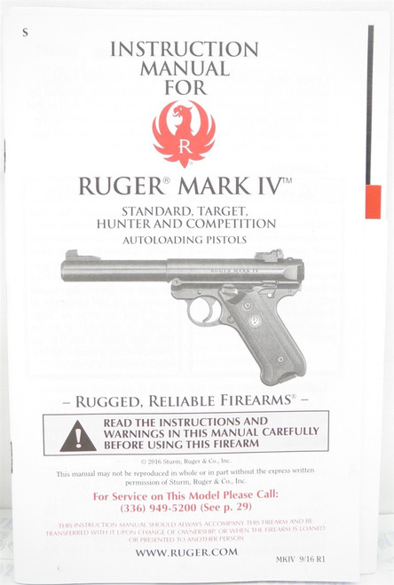 Factory Issued Ruger Instruction Manual - Mark IV Pistols - MKIV 9/16 R1