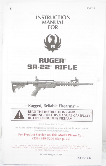 Factory Issued Ruger Instruction Manual - SR22 - BSR - 10/15 - R4