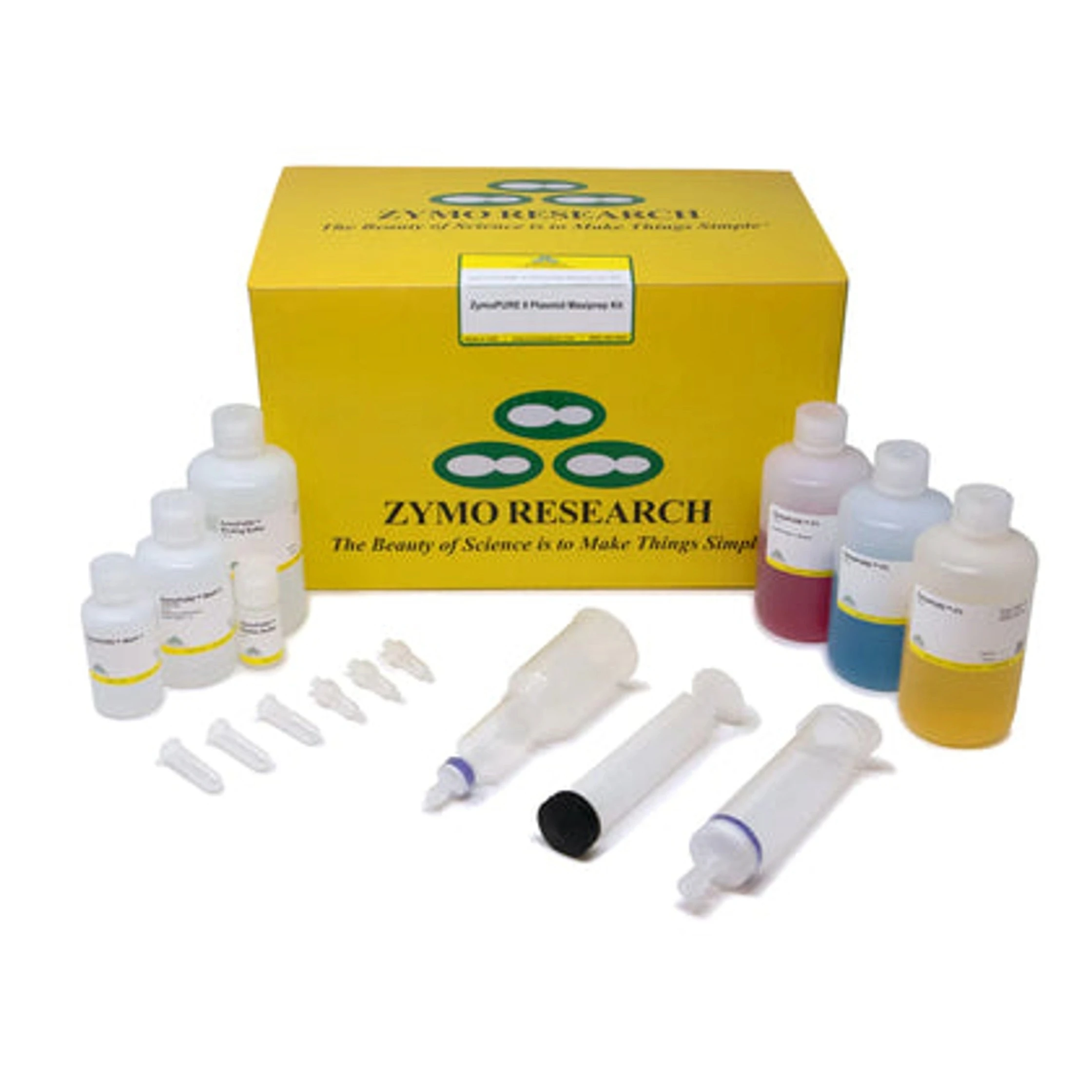 Zymo Research DNA and RNA purification kit with columns, reagents, and buffers