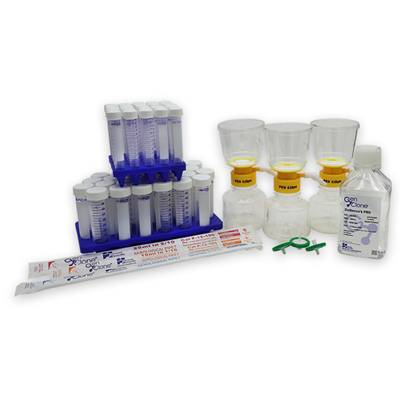Cell culture supplies including conical tubes, filtration units, media, and tube racks