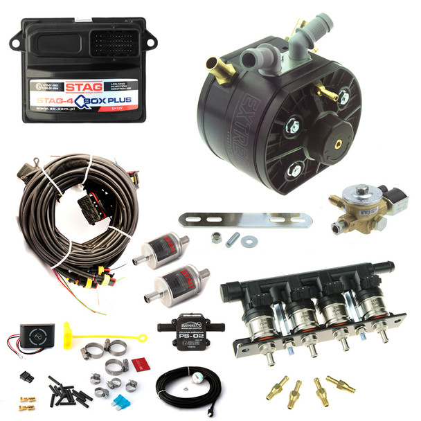 ac stag qbox plus obd 4 cylinders ecu lpg controller with KME extreme 408hp reducer and eko power injectors autogas lpg conversion kit