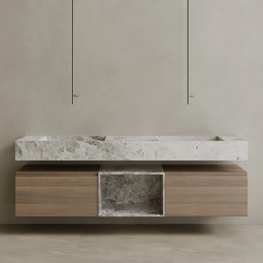Oversized Floating Double Sink Marble Vanity with Wood Drawers