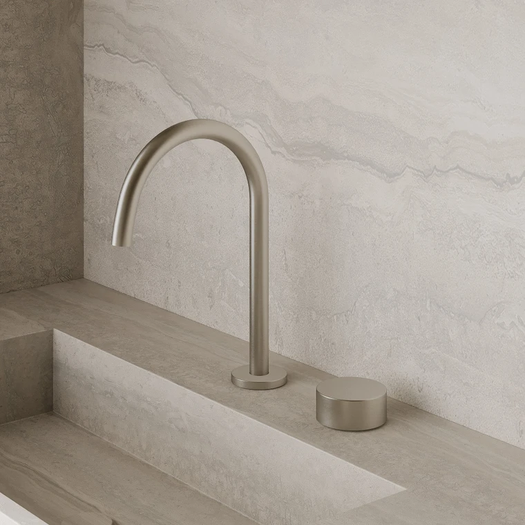 Modern High Arc Counter-Mounted Faucet with Circular Knobs