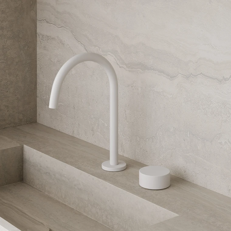 Modern High Arc Counter-Mounted Faucet with Circular Knobs
