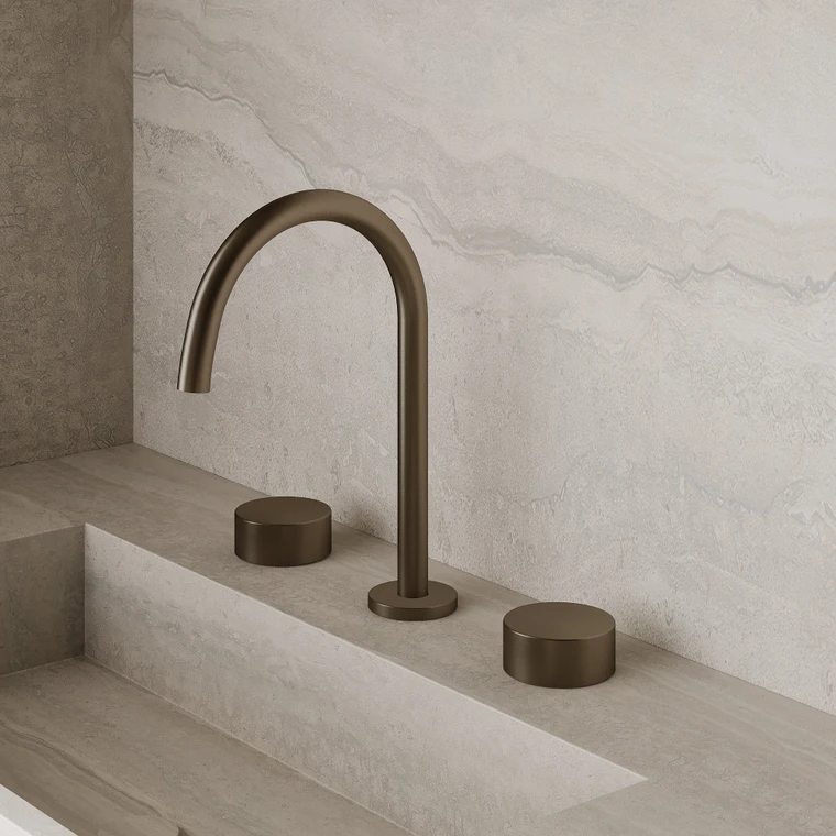 Modern High Arc Counter-Mounted Faucet with Circular Knobs