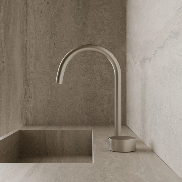 Modern High Arc Counter-Mounted Faucet with Circular Knobs