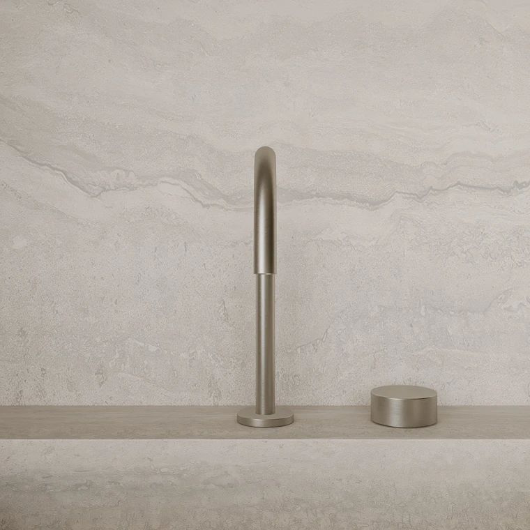 Modern High Arc Counter-Mounted Faucet with Circular Knobs