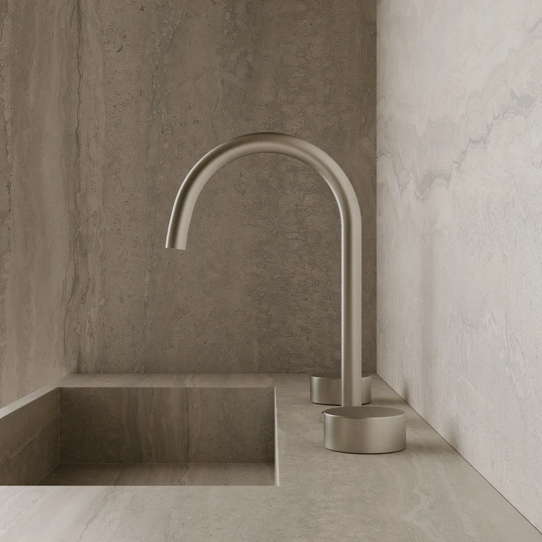Modern High Arc Counter-Mounted Faucet with Circular Knobs