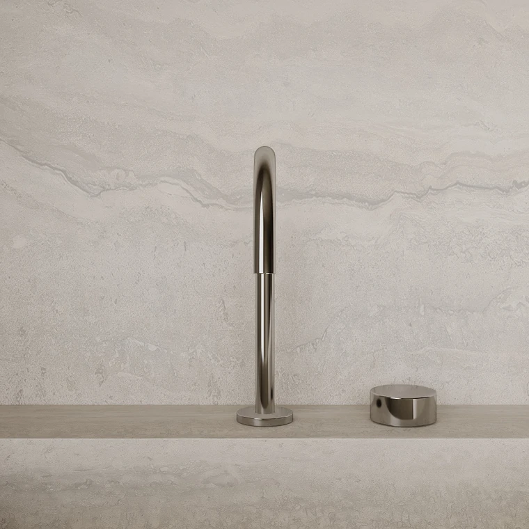 Modern High Arc Counter-Mounted Faucet with Circular Knobs