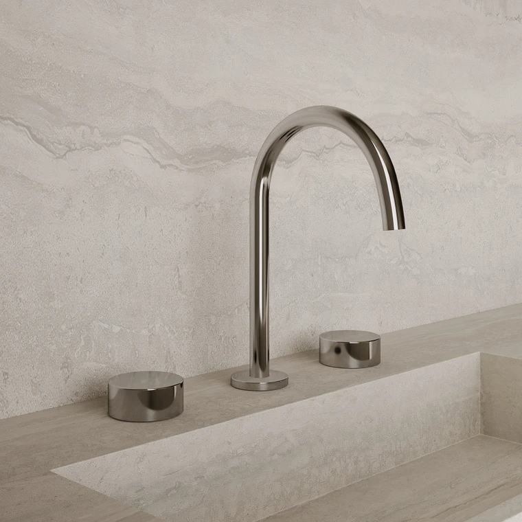 Modern High Arc Counter-Mounted Faucet with Circular Knobs