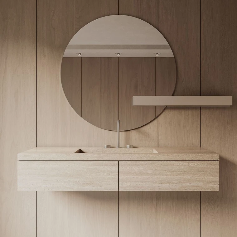 36" Round Frameless Bathroom Mirror with Metal Shelf