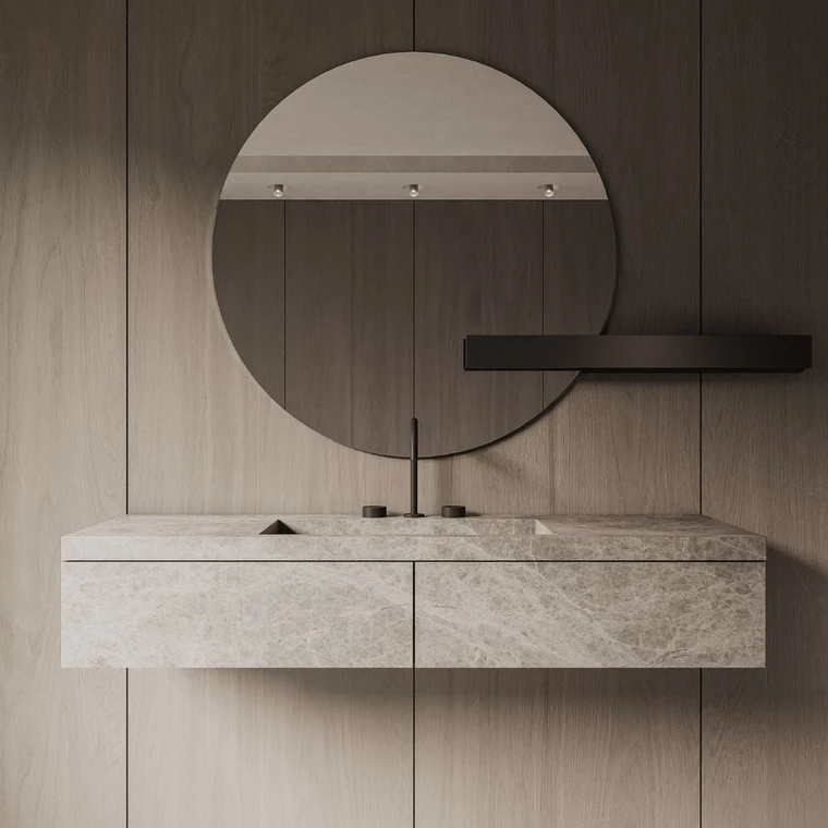 36" Round Frameless Bathroom Mirror with Metal Shelf