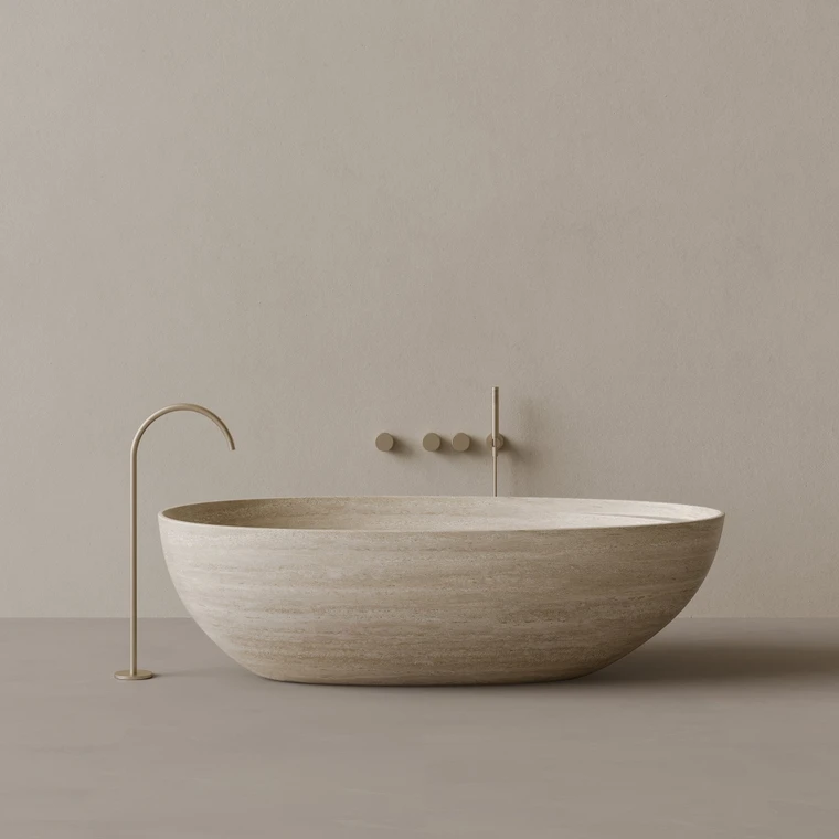 76" x 39" Handcrafted Oval Stone Bathtub with Shelf