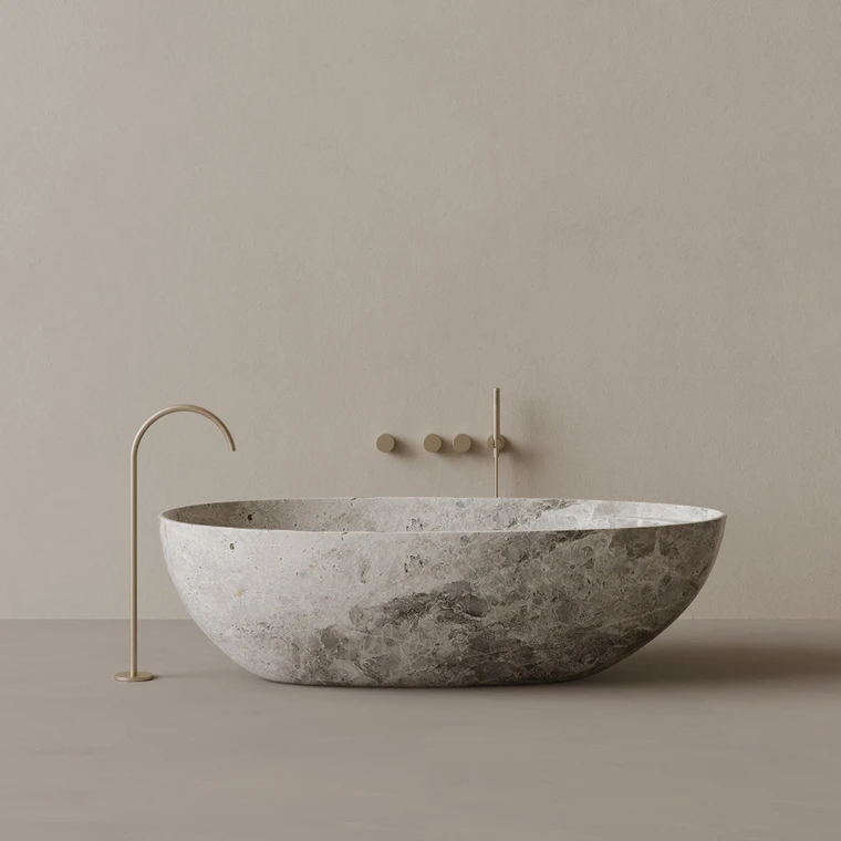 76" x 39" Handcrafted Oval Stone Bathtub with Shelf