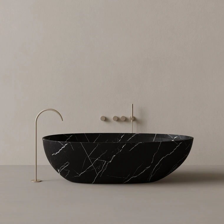 76" x 39" Handcrafted Oval Stone Bathtub with Shelf